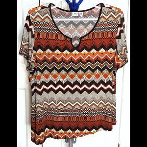 Terrific CATO 22/24W 2X 3X Brown, Auburn, Orange & Taupe AUTUMN Stretch Blouse